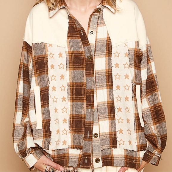 POL Shacket Star Plaid Bohemian Patchwork Exposed Raw Fray Seam Oversized Jacket - Picture 8 of 12